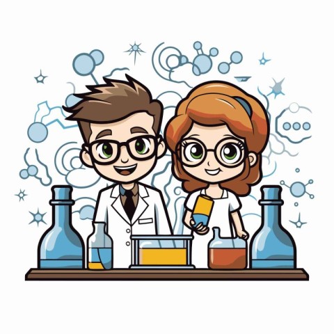 scientist boy and girl with science equipment cartoon vector ill