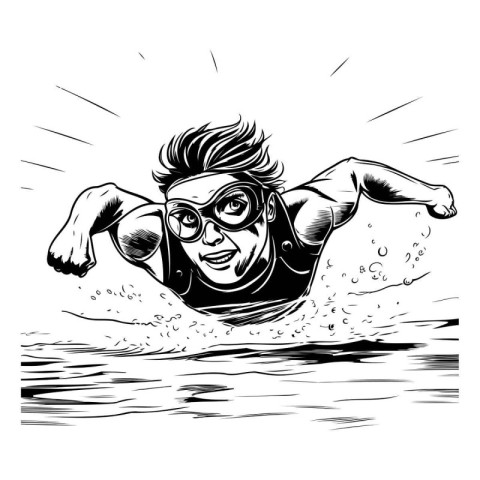 Swimmer. Black and white vector illustration for tattoo or T-shi