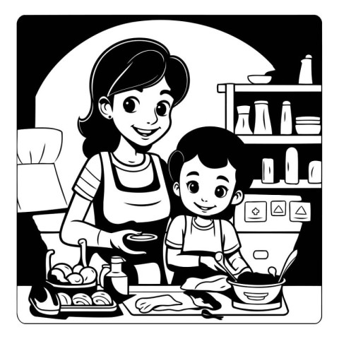 Mother and son cooking in the kitchen. Black and white vector il