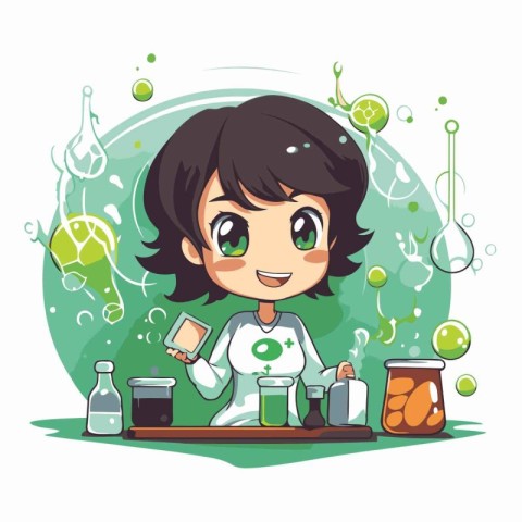 Scientist girl working in the laboratory. Vector cartoon charact