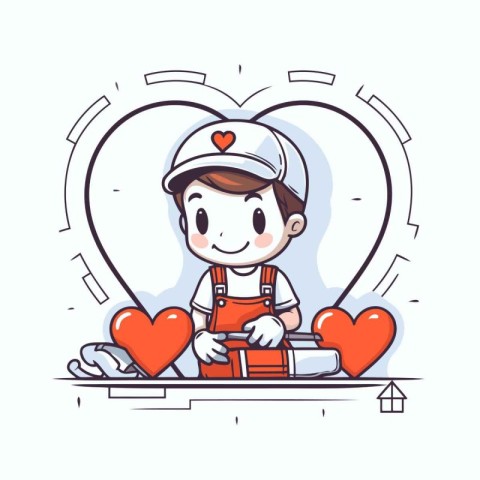 Worker in love with heart shape. Vector illustration. Cute carto