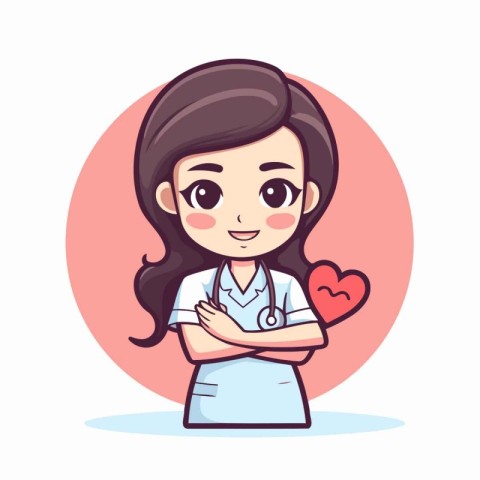 Nurse with stethoscope and heart. Cartoon character vector illus