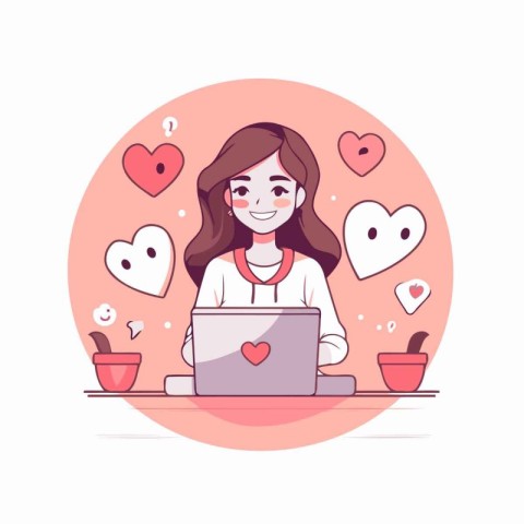 Online dating concept. Young woman with laptop and hearts. Vecto