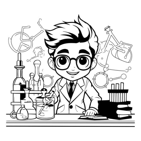 Cartoon scientist working in laboratory. Black and white vector