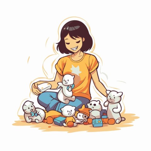 Girl playing with dogs. Vector illustration of a girl playing wi