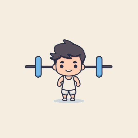 Fitness boy with barbell. Cute cartoon character vector illustra