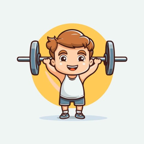 Boy lifting barbell cartoon vector illustration graphic design.