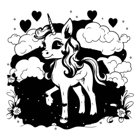 Unicorn with clouds and hearts. Black and white illustration.