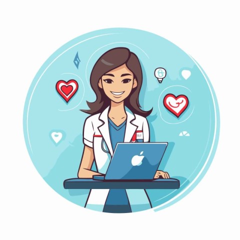 Beautiful female doctor with laptop. Vector illustration in cart