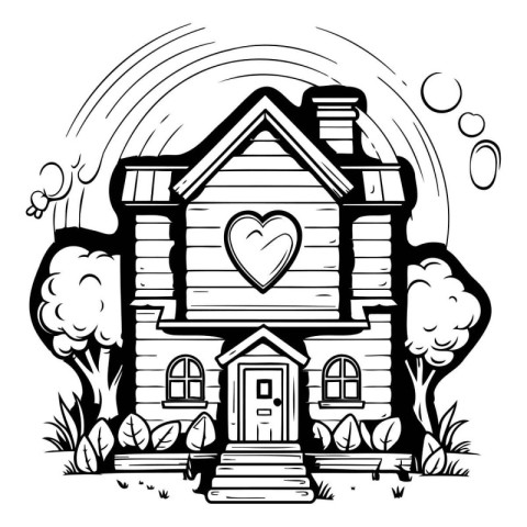 Lovely house with heart in the shape of a flower. Vector illustr