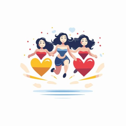 Cute girls in swimsuits with hearts. Vector flat illustration.