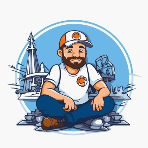 Bearded man in a cap and t-shirt sitting on the beach. Vector il