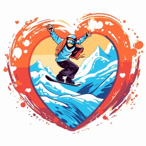 Snowboarder jumping in a heart-shaped frame. Vector illustration