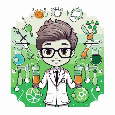 Cute cartoon boy scientist with science icons set. Vector illust