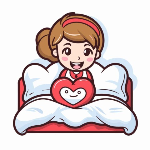 Cute little girl with heart in bed. Vector cartoon illustration.