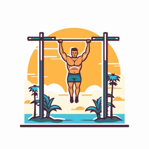 Man doing pull-ups on horizontal bar at beach. Flat vector illus