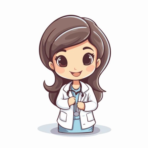 Cute little girl in white coat and stethoscope. Vector illustrat