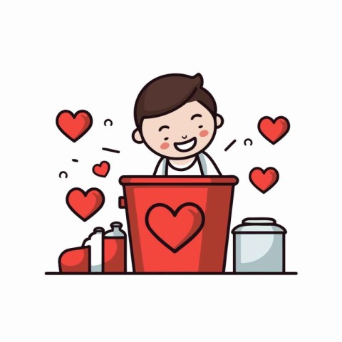 Cute boy in trash can with hearts around him. Vector illustratio