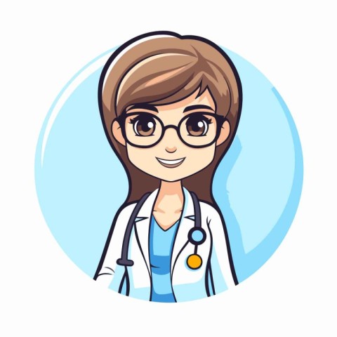 Female doctor cartoon character with stethoscope and glasses. Ve