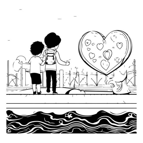 Black and white illustration of a boy and a girl holding hands a