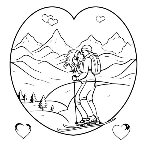 Skiing couple in the mountains. Line art vector illustration.