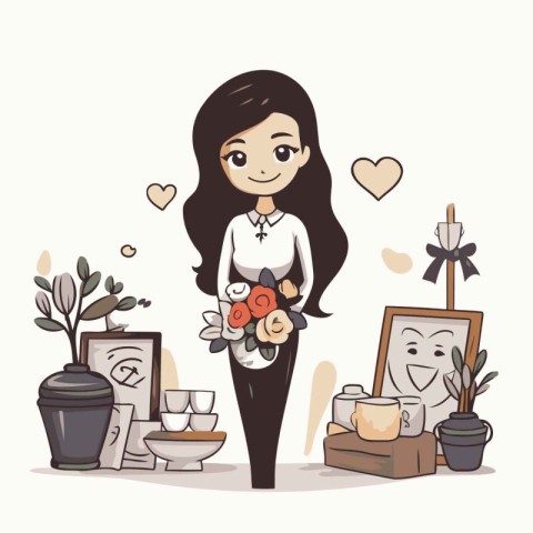 Girl with a bouquet of flowers in her hand. Vector illustration.