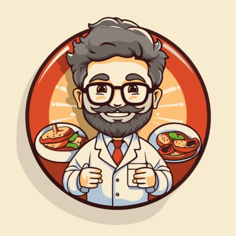 Funny cartoon doctor with a plate of food. Vector illustration.