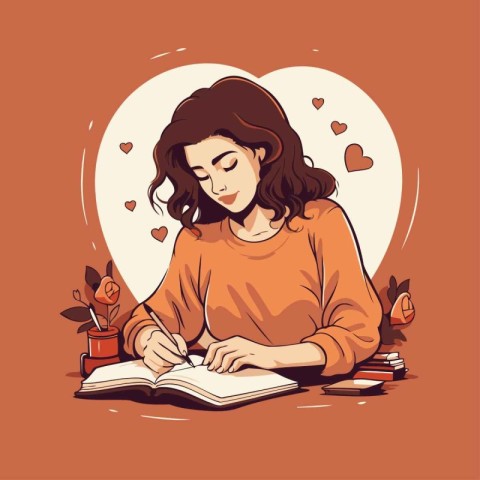 Vector illustration of a girl doing her homework with a book in