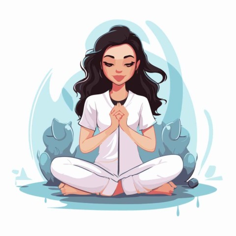 Beautiful girl meditating in lotus position. Vector illustration