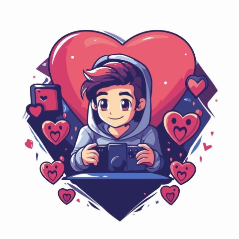 Cute boy with camera and hearts. Vector illustration in cartoon