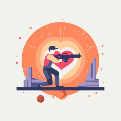 Vector illustration in flat style. Man with a gun in his hands.