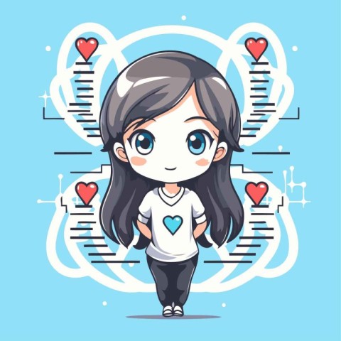 Cute little girl with heart-shaped diagram. Vector illustration.