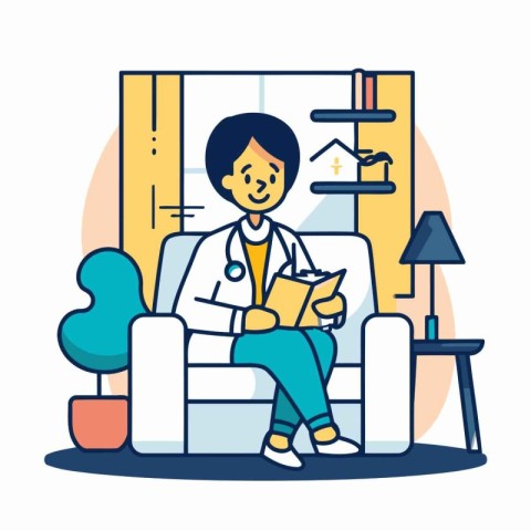 Doctor sitting on couch and reading a book. Flat style vector il