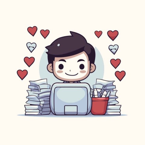 Cute boy with laptop and pile of books. Vector illustration.