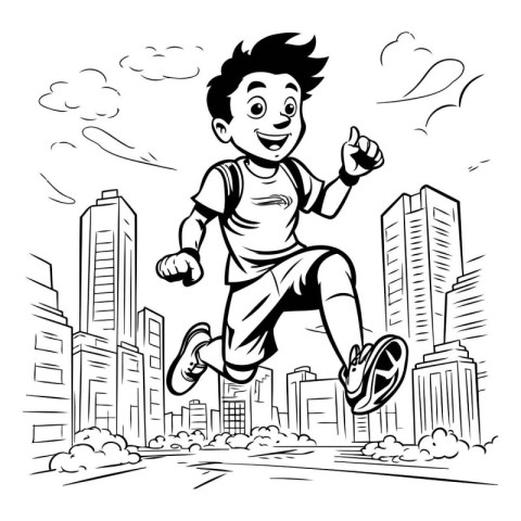 Boy running in the city. Black and white vector illustration for