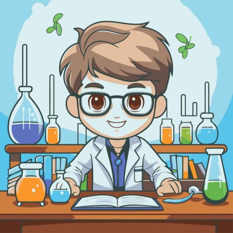 Cute boy scientist cartoon character in science laboratory. Vect