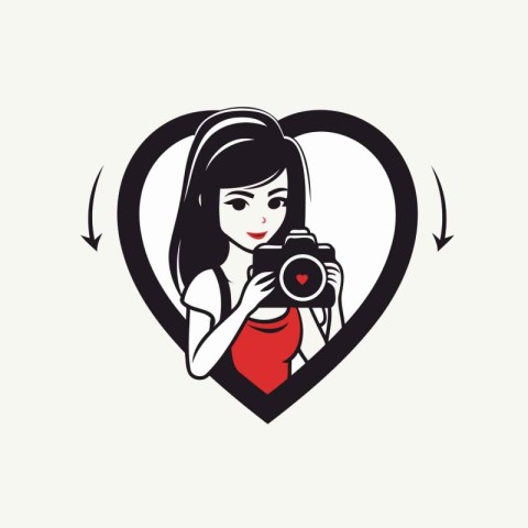 Photographer girl with camera in a heart shape. Vector illustrat