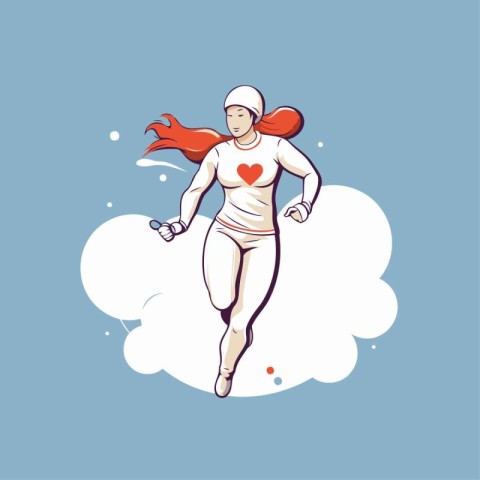 Running woman with red hair and heart on her chest. vector illus