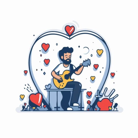 Vector illustration of man playing guitar in heart shape. Love c