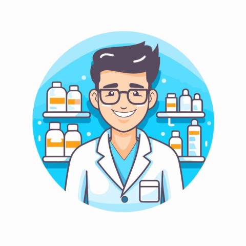 Pharmacist in a white coat and glasses. Vector illustration.