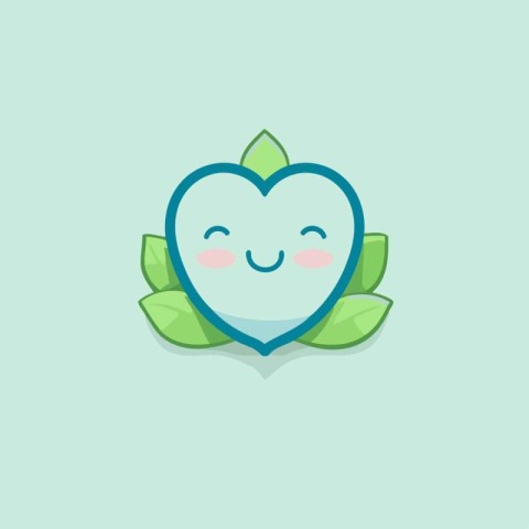 Cute smiling heart with leaves. Vector illustration in flat styl