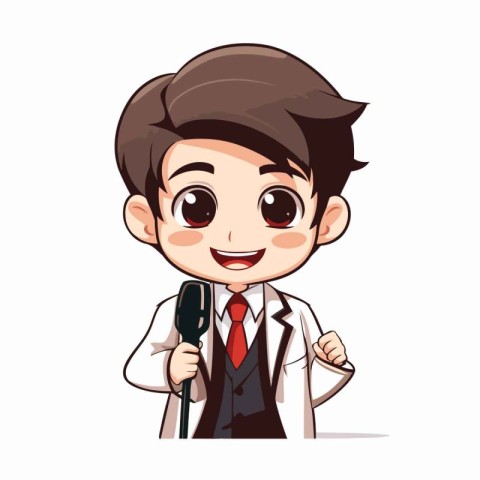 Cute boy in a white coat holding a microphone. Vector illustrati