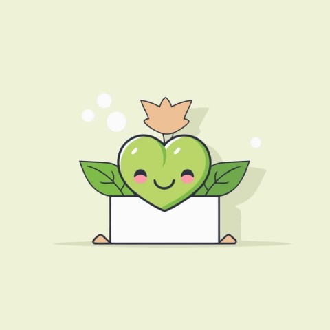 Cute green heart with leafs. Vector flat cartoon illustration.