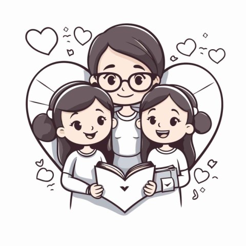 Happy family reading a book. Mother and children. Vector illustr