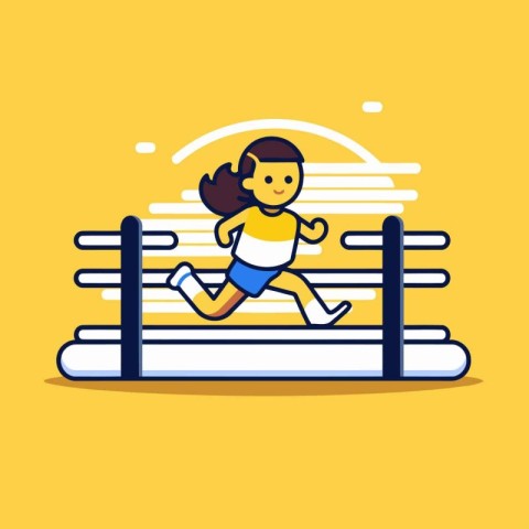 Cute little girl jumping over obstacle. Flat style vector illust