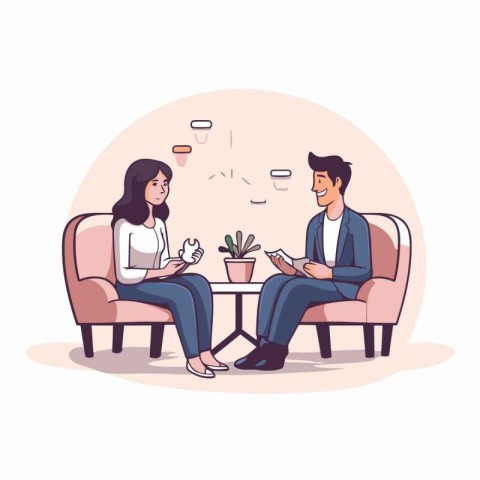 Man and woman sitting in armchairs and drinking coffee. Vector i