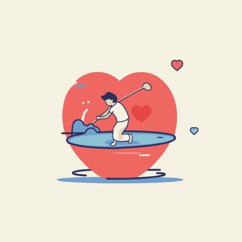 Vector illustration of a boy playing golf in the heart. Flat des