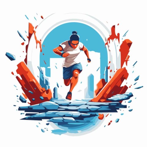 Running man. Athlete man jogging in city street vector illustrat