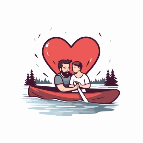 Couple in a canoe with a red heart. Vector illustration.