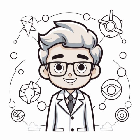 Vector illustration of a doctor with glasses and white coat on w